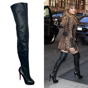 Christian Louboutin Monica Black Leather Over The Knee Boots Gazolina EU 38